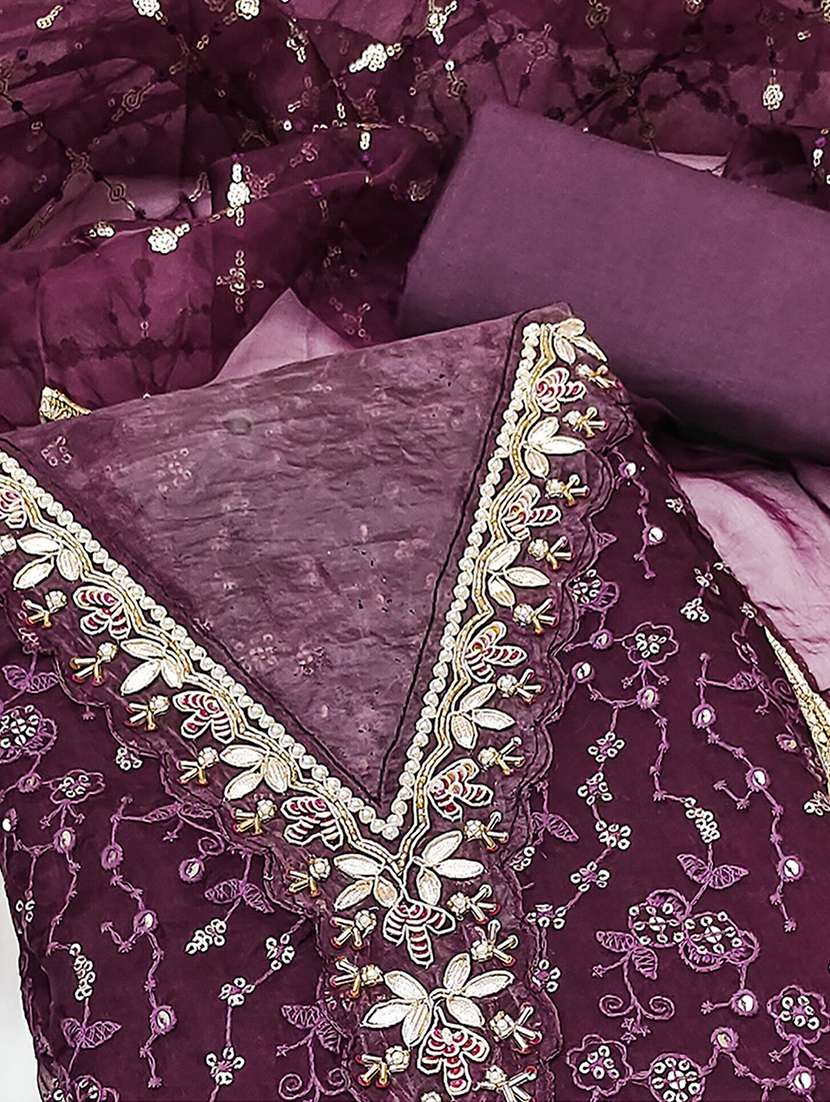 women solid with work embroidered unstitched suit set - 22184103 -  Standard Image - 3