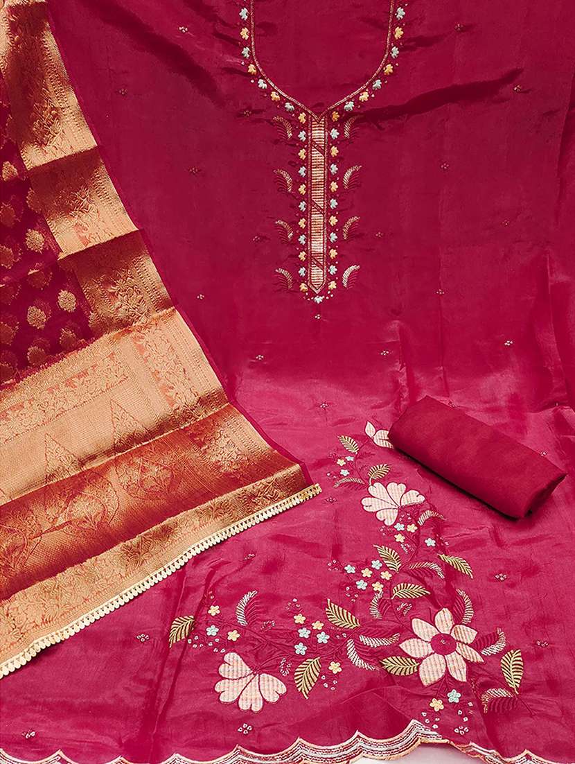 women solid with work embroidered unstitched suit set - 22184121 -  Standard Image - 3