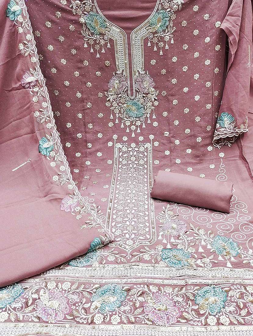 women solid with work embroidered unstitched suit set - 22184155 -  Standard Image - 3