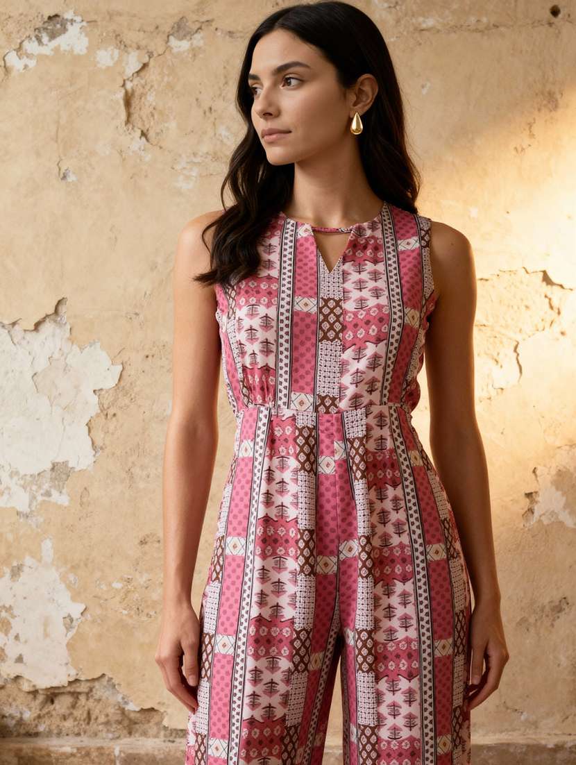 globus women pink keyhole neck sleeveless ethnic print straight fit wide leg fusion jumpsuit - 22184160 -  Standard Image - 3