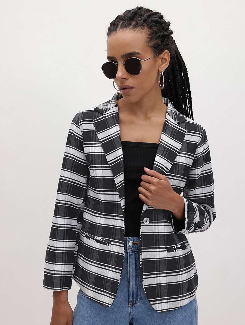 women checkered long sleeve single breasted blazer
