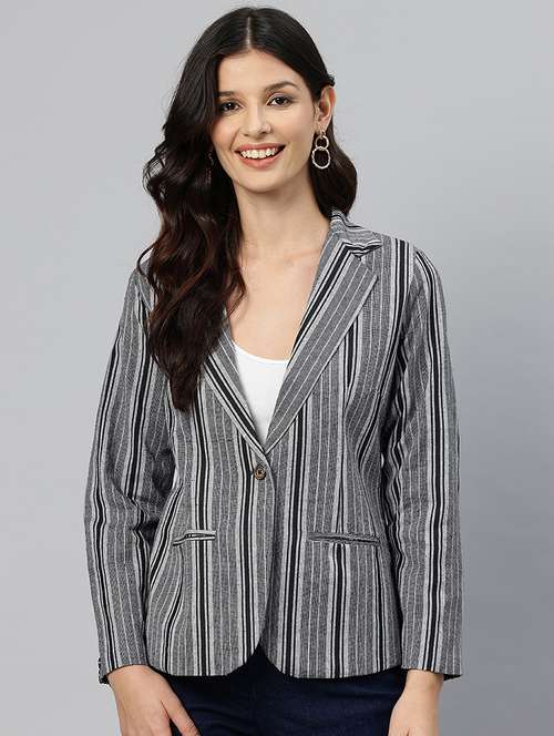 women striped long sleeve single breasted blazer - 22184221 -  Standard Image - 0