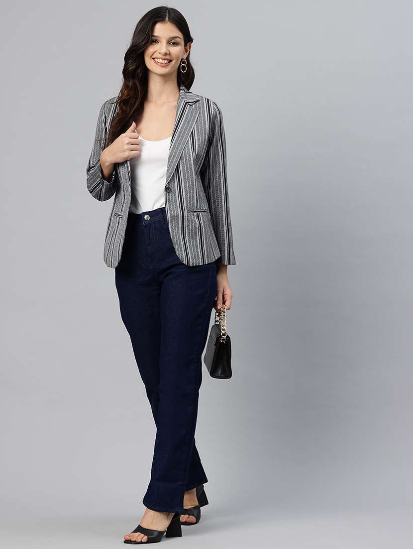 women striped long sleeve single breasted blazer - 22184221 -  Standard Image - 3
