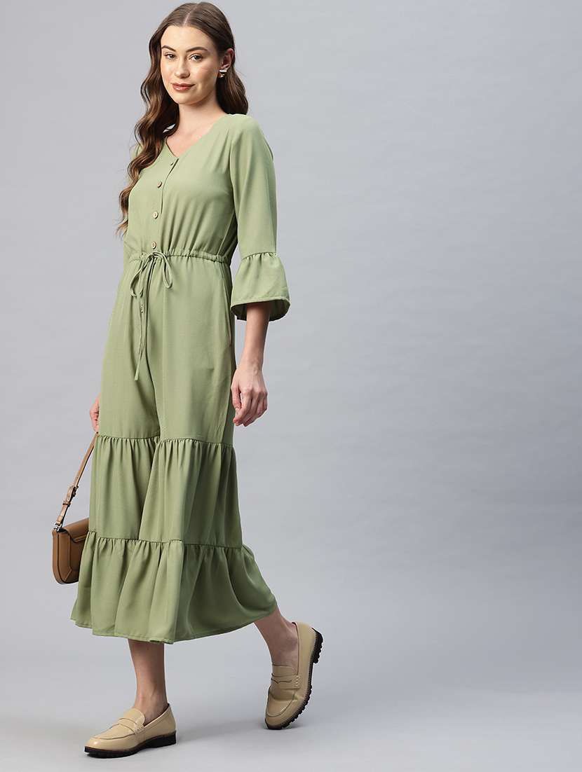 women olive solid bell sleeve jumpsuit