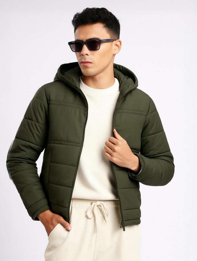 men solid long sleeve puffer jacket