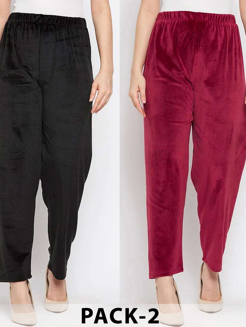 women pack of 2 solid high rise velvet straight trouser