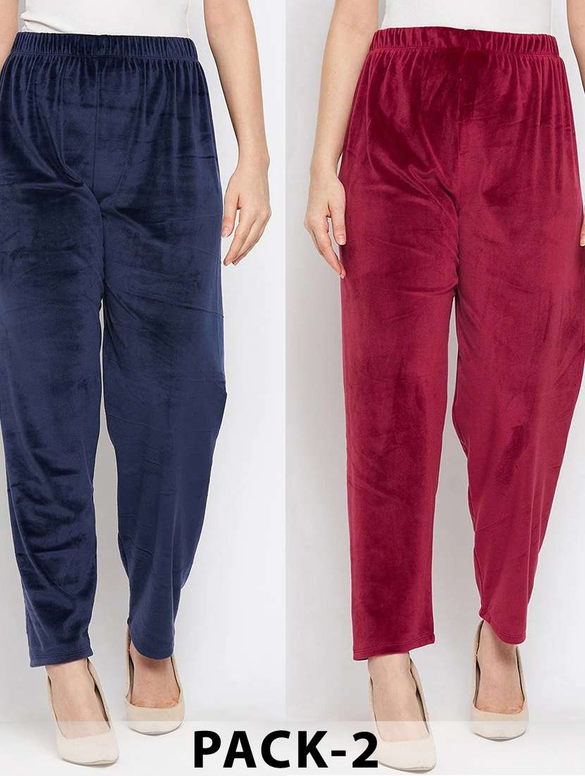 women pack of 2 solid high rise velvet straight trouser