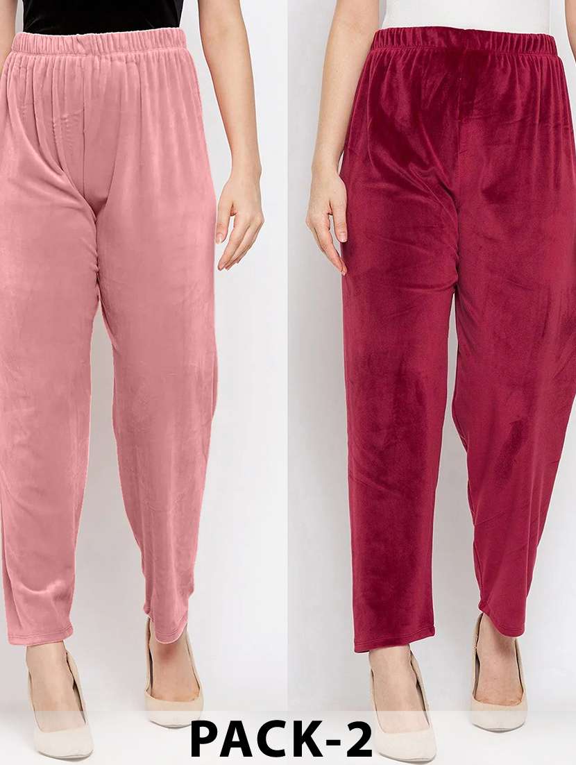 women pack of 2 solid high rise velvet straight trouser
