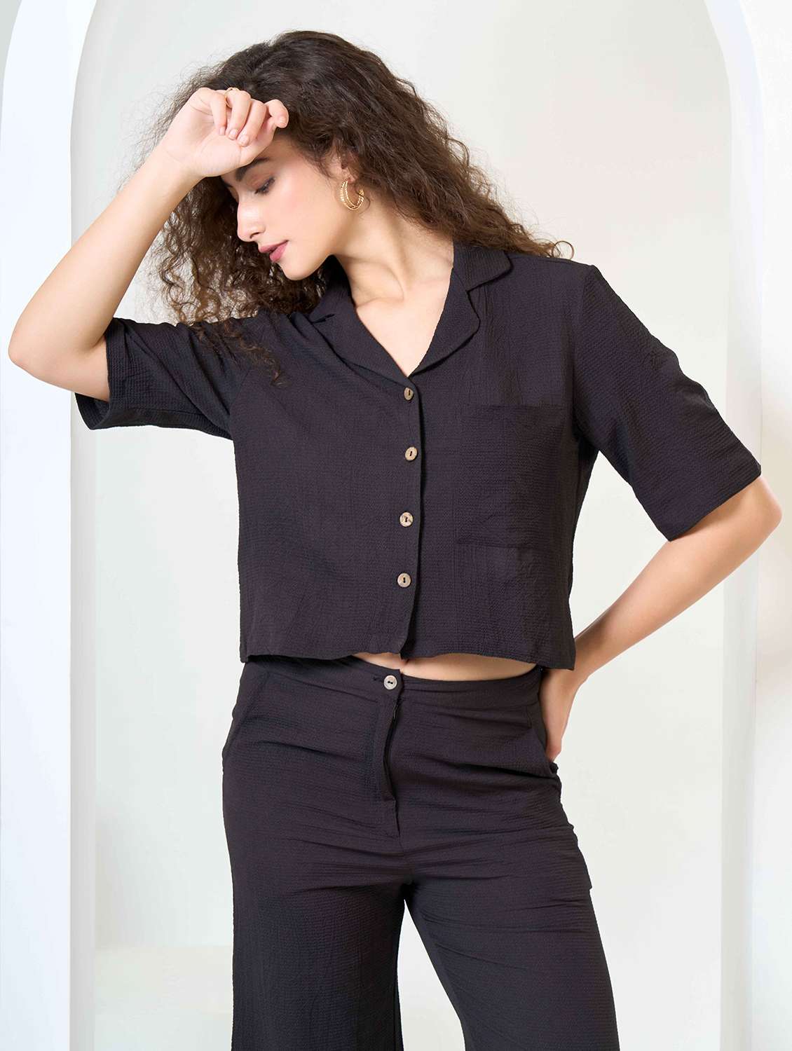 women solid shirt and trouser co-ord set - 22184345 -  Standard Image - 3