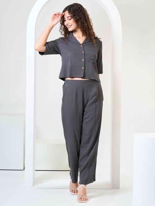 women solid shirt and trouser co-ord set - 22184346 -  Standard Image - 0