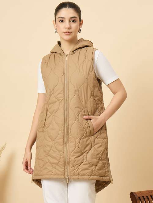women solid sleeveless quilted long hooded jacket - 22184350 -  Standard Image - 0