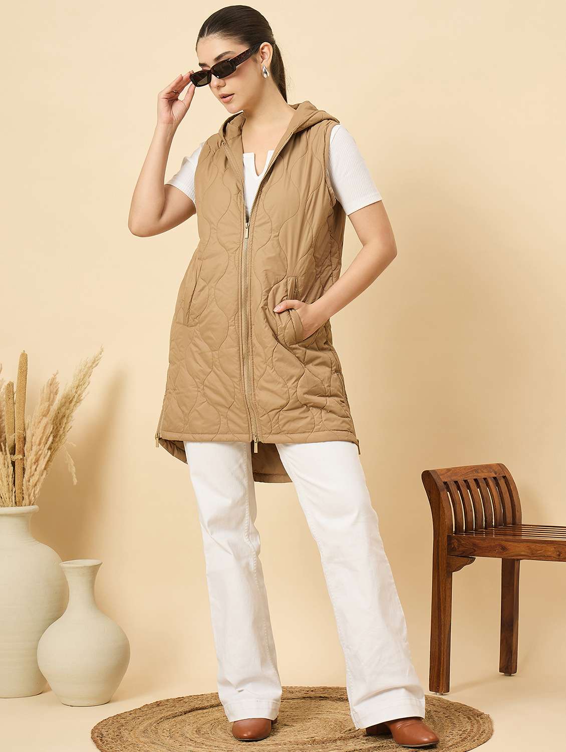 women solid sleeveless quilted long hooded jacket - 22184350 -  Standard Image - 3