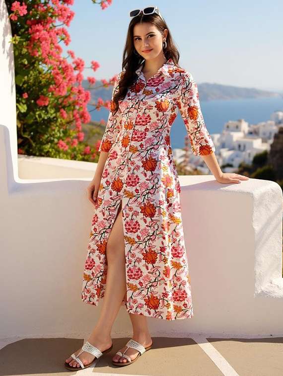 women floral print three quarter sleeve shirt dress