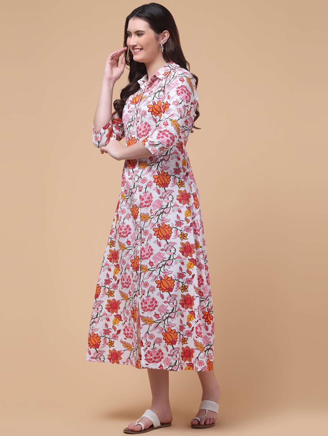 women floral print three quarter sleeve shirt dress - 22184362 -  Standard Image - 3