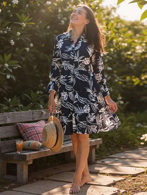women printed long sleeve collared tiered dress - 22184365 -  Standard Image - 0