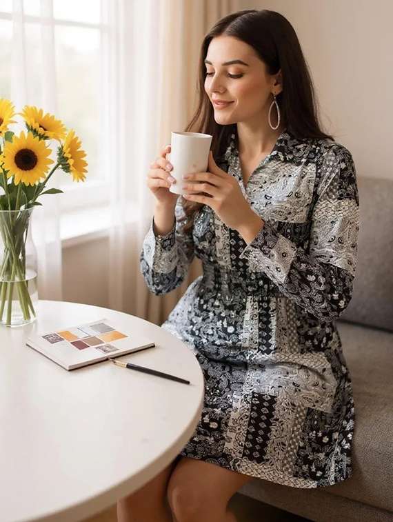 women printed collared long sleeve a-line dress