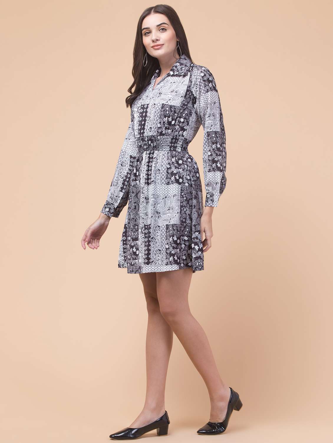 women printed collared long sleeve a-line dress - 22184370 -  Standard Image - 3