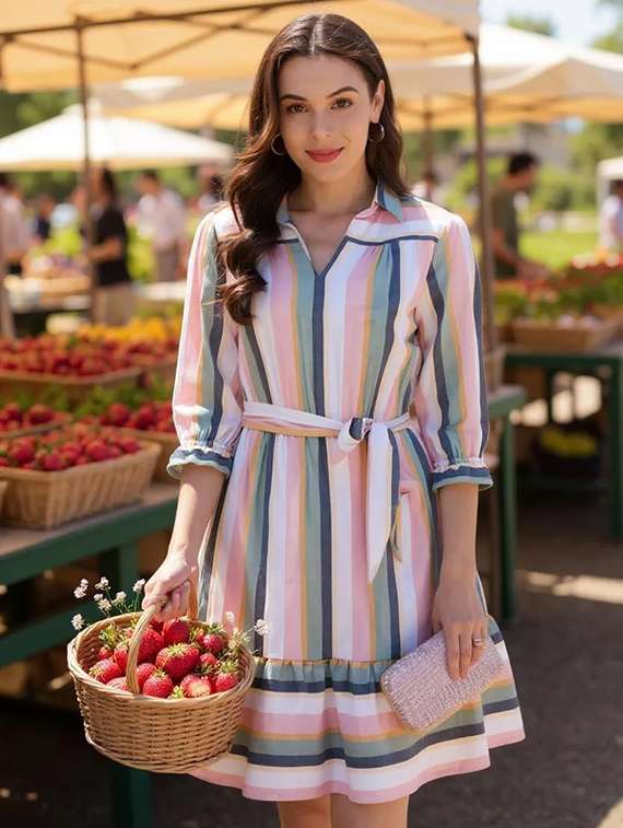 women striped collared tiered dress