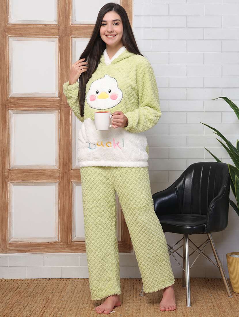 women self designed hooded nightwear pyjama set