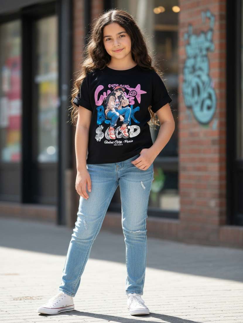 girls printed short sleeves regular fit tee