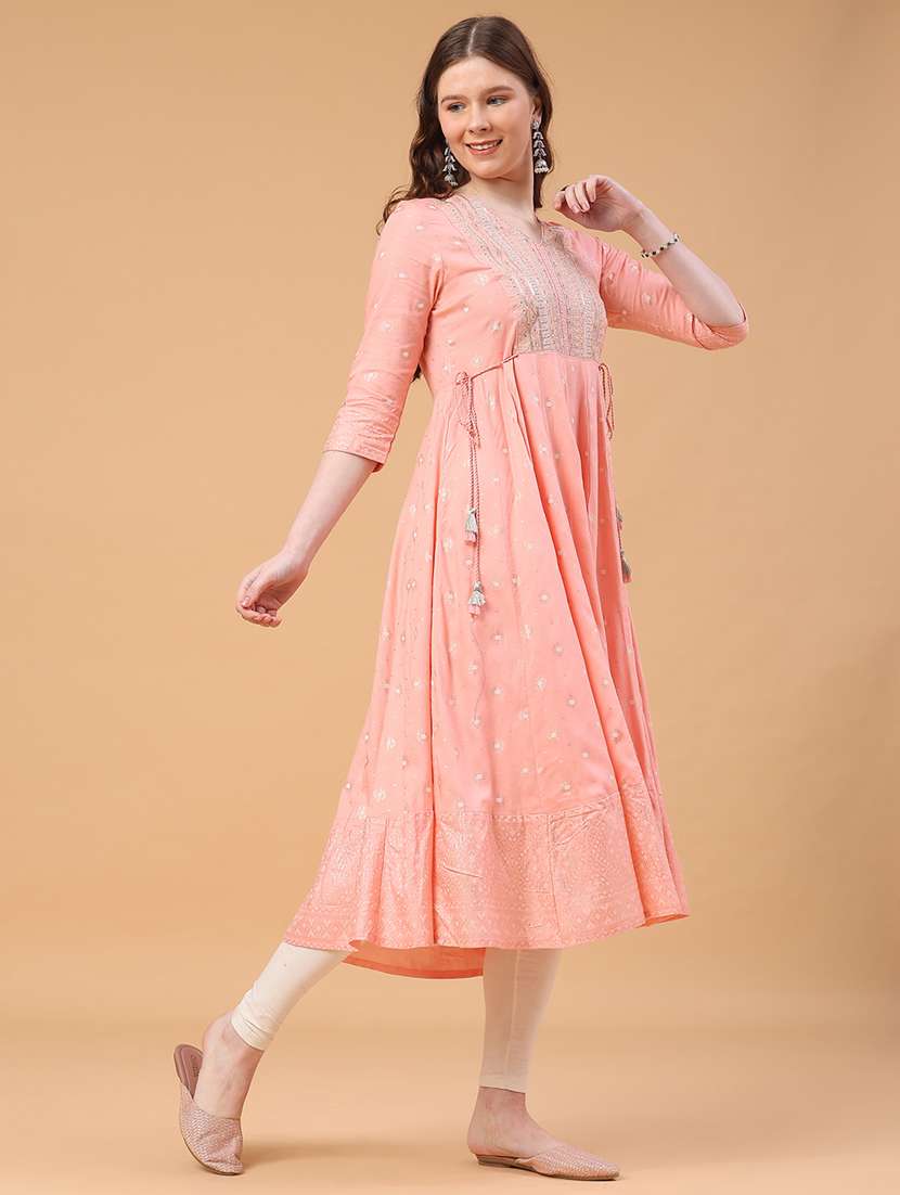 women printed three quarter sleeve flared kurta  - 22184599 -  Standard Image - 3