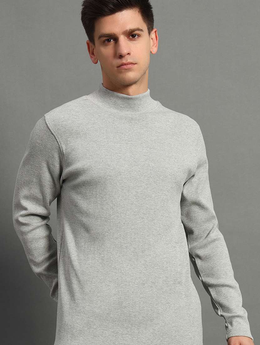 men solid long sleeve slim fit pullover