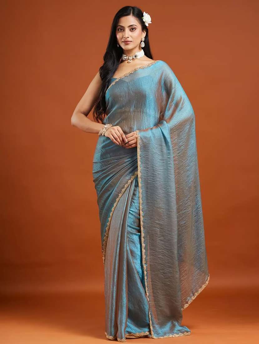 women solid with embellished bordered saree with blouse