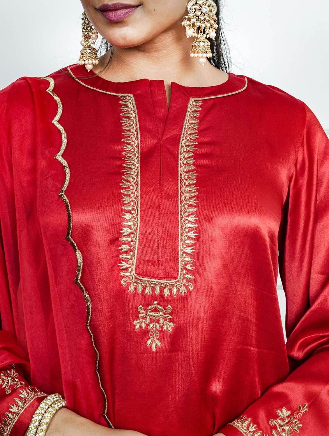 women solid with work long sleeve kurta palazzo with dupatta set - 22185067 -  Standard Image - 5