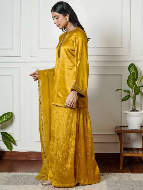 women solid with work long sleeve kurta palazzo with dupatta set - 22185068 -  Standard Image - 0