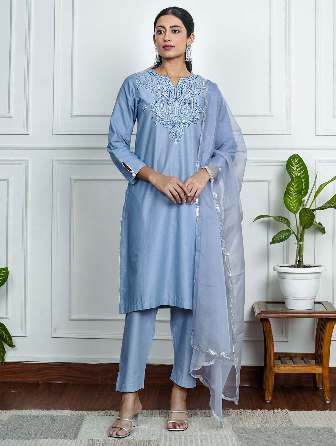 women solid with work long sleeve kurta pant with dupatta set - 22185071 -  Zoom Image - 0