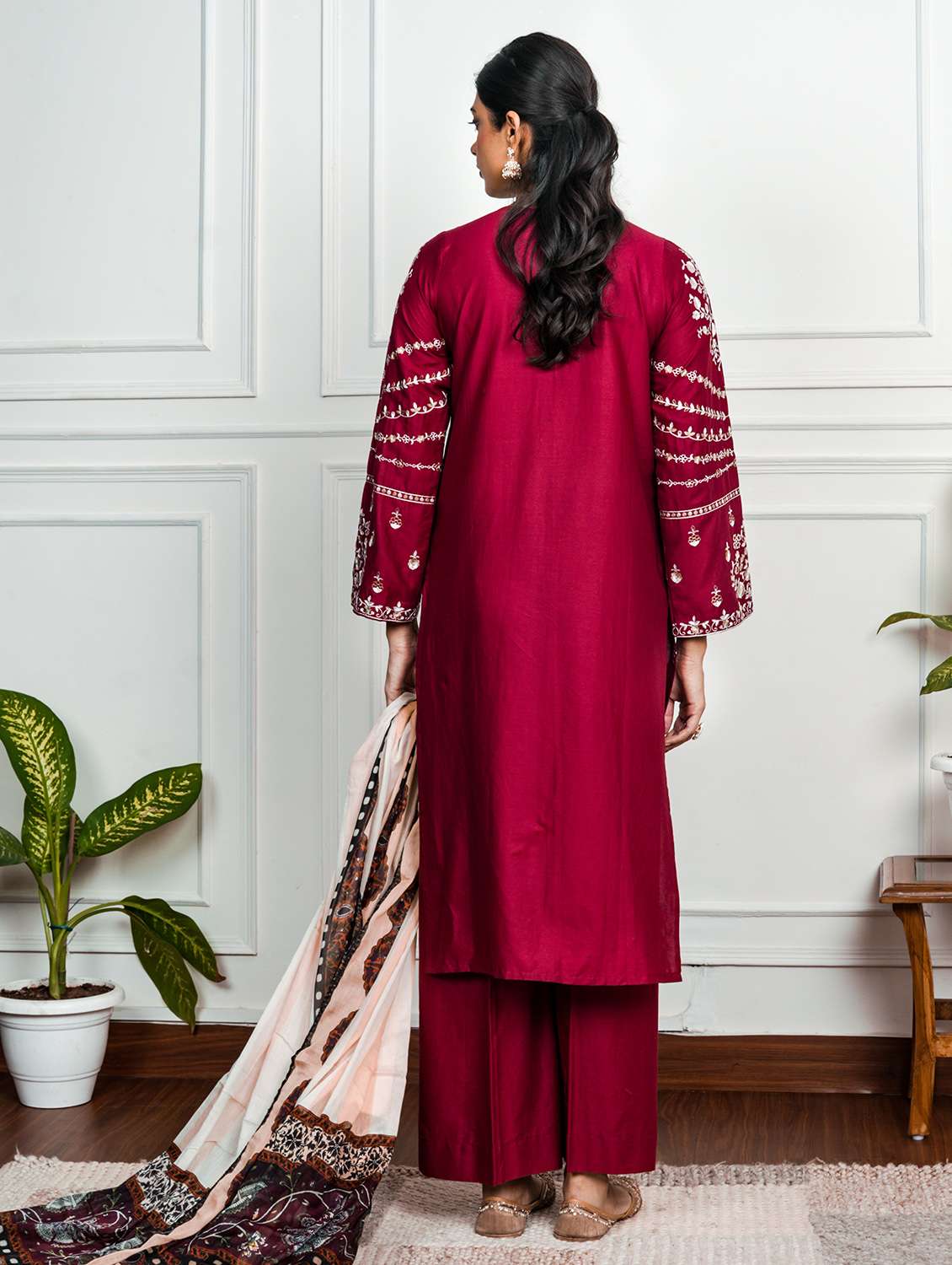 women solid with work long sleeve kurta pant with dupatta set - 22185078 -  Standard Image - 3