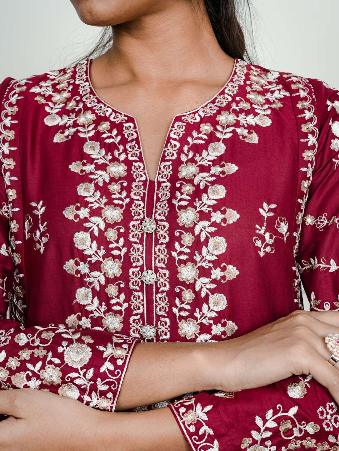 women solid with work long sleeve kurta pant with dupatta set - 22185078 -  Standard Image - 5