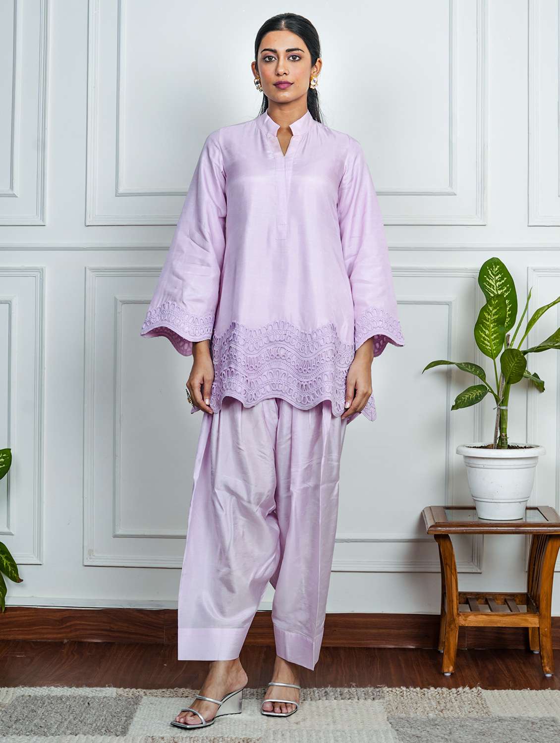 women solid with work long sleeve kurta salwar set