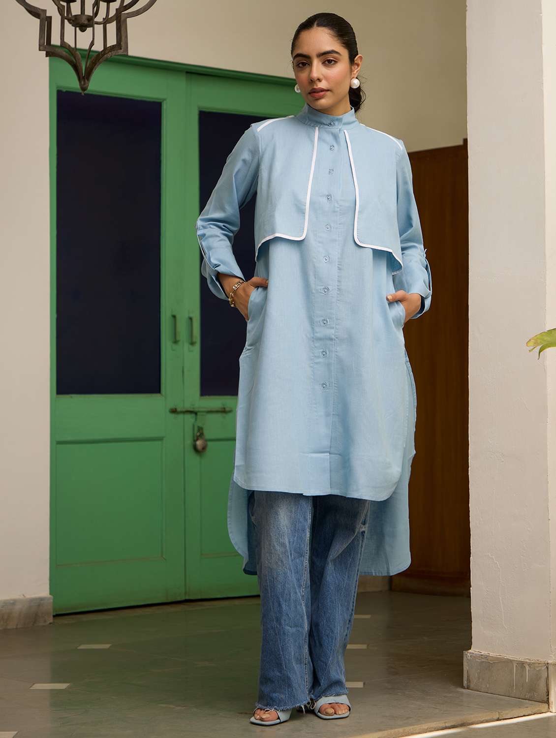 women solid long sleeve high low kurta