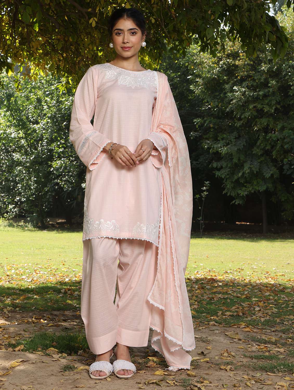 women self design long sleeve kurta salwar with dupatta set
