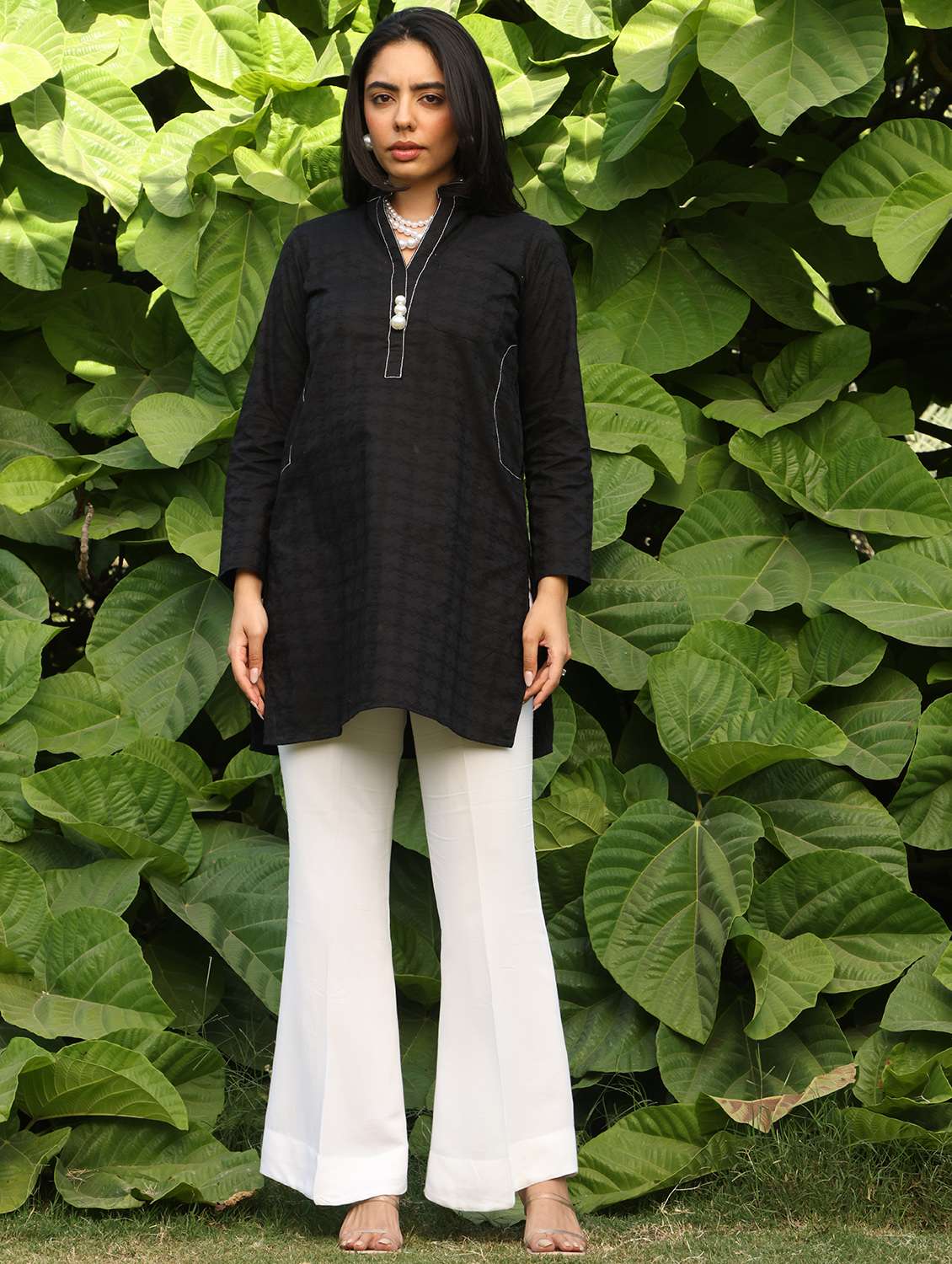 women solid with work long sleeve straight kurti