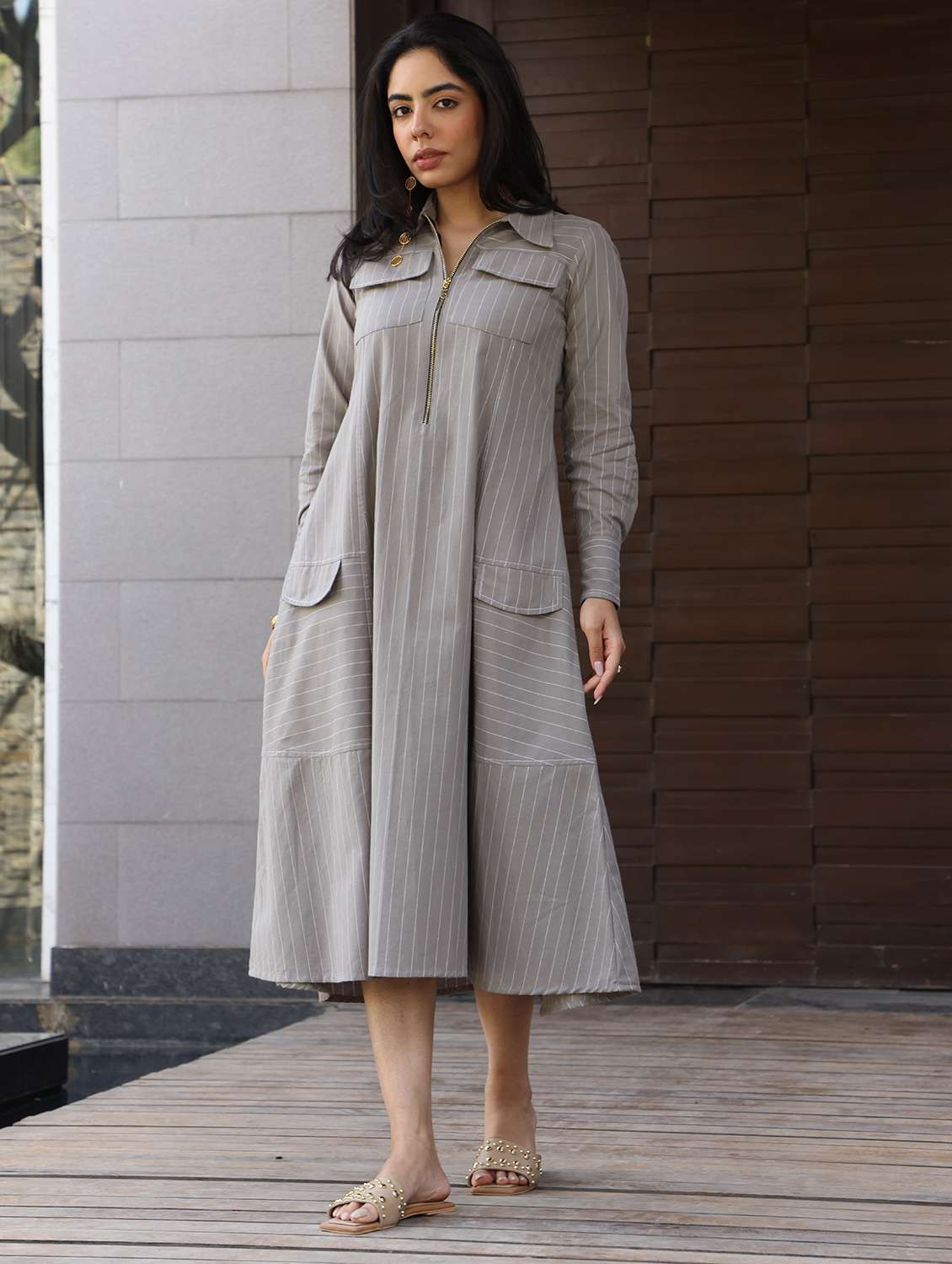 women striped long sleeve a-line dress - 22185105 -  Zoom Image - 0