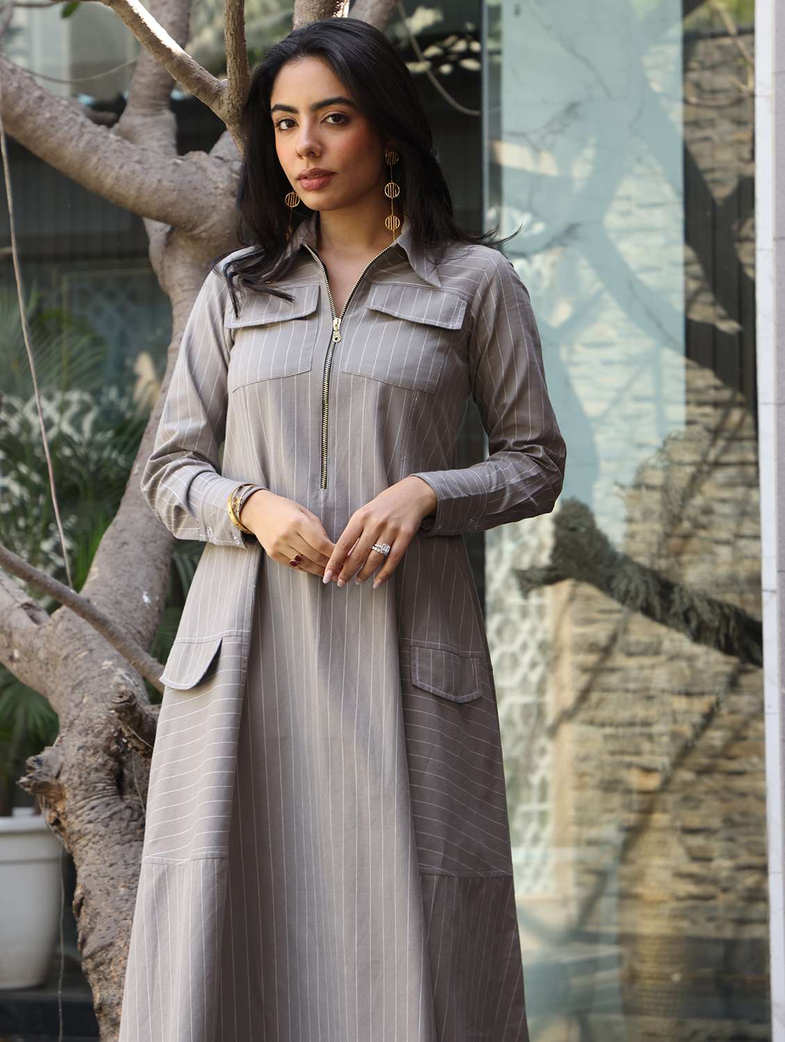 women striped long sleeve a-line dress - 22185105 -  Standard Image - 3