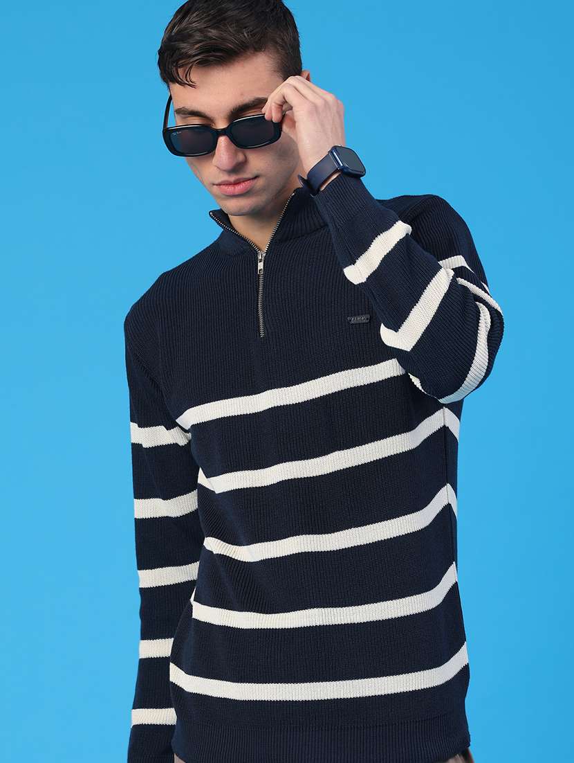 men striped long sleeve stand collar pullover