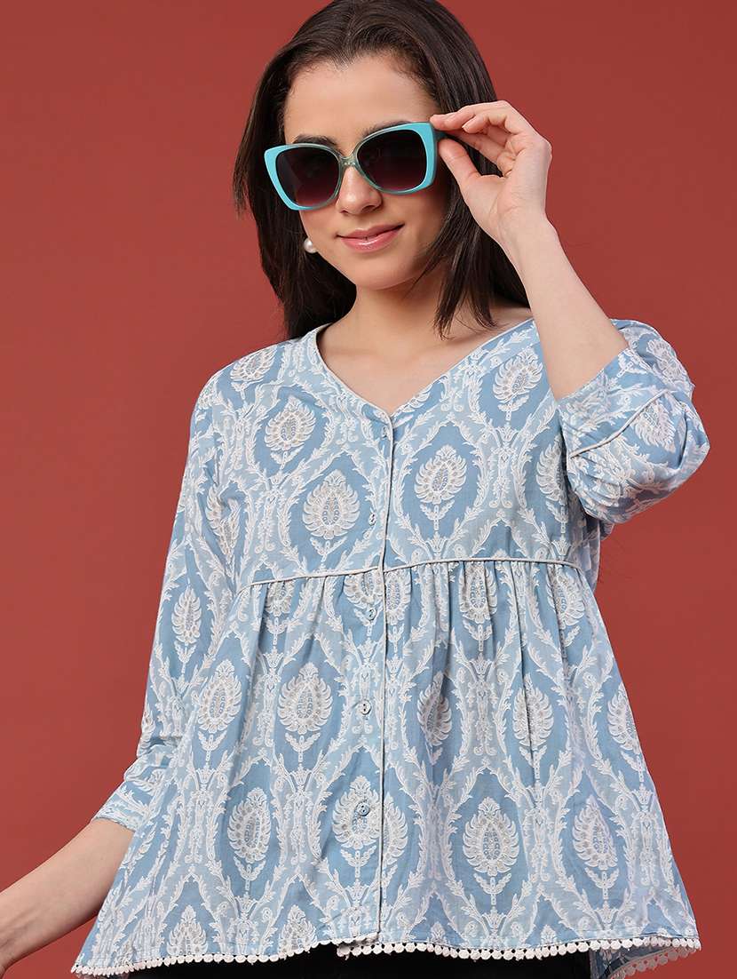 women printed v neck flared tunic