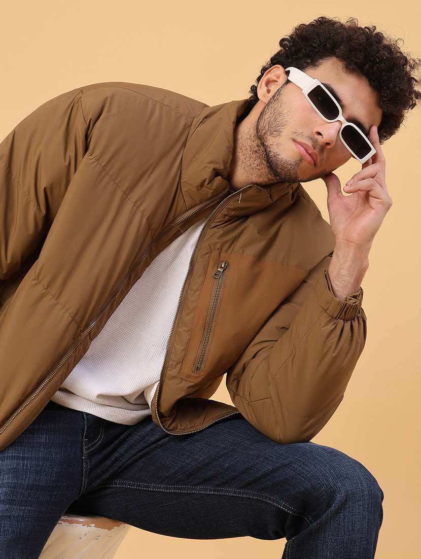 men solid long sleeve puffer jacket