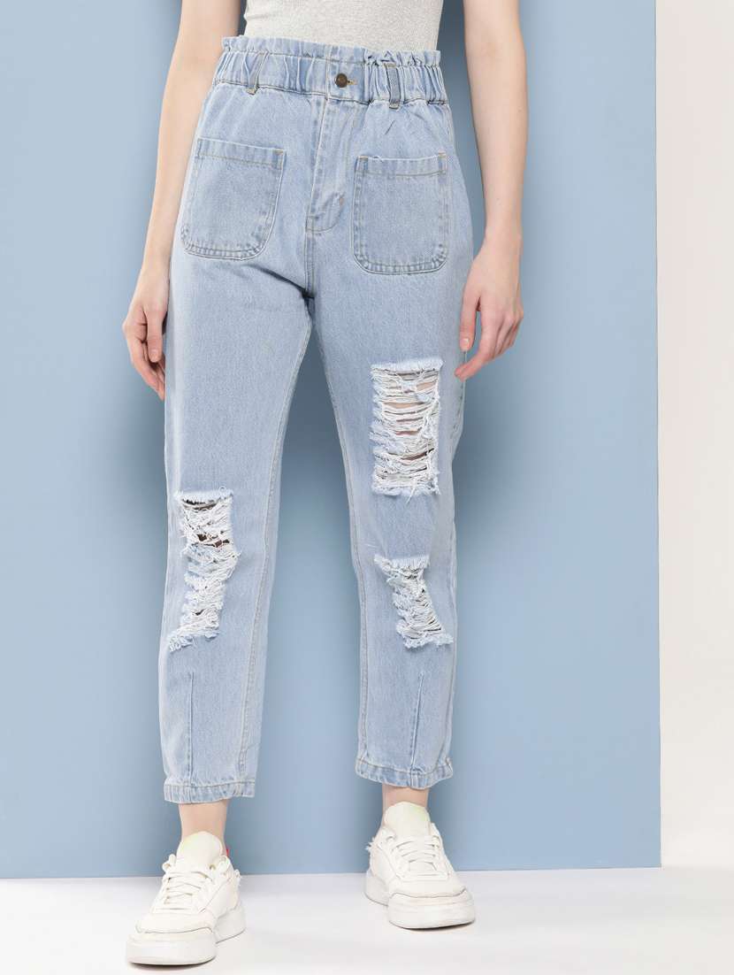 women distressed mid rise straight jean