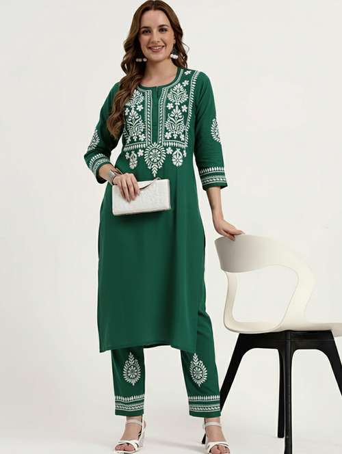 women solid with work three quarter sleeve kurta pant set - 22186303 -  Standard Image - 0
