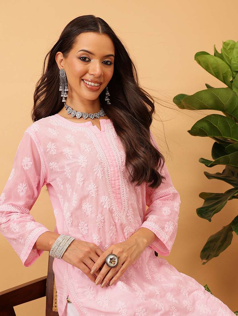 women solid with work long sleeve chikankari straight kurta - 22186315 -  Standard Image - 3