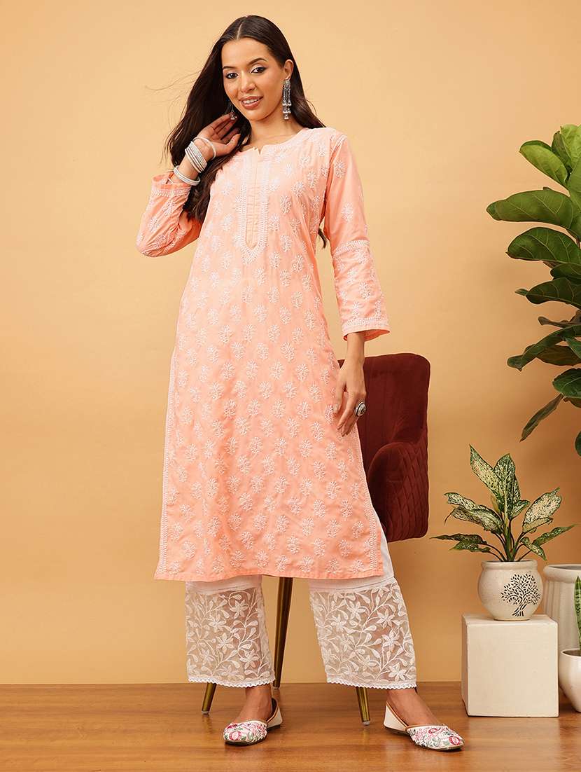 women solid with work long sleeve chikankari straight kurta