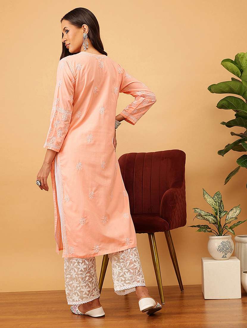 women solid with work long sleeve chikankari straight kurta - 22186316 -  Standard Image - 3