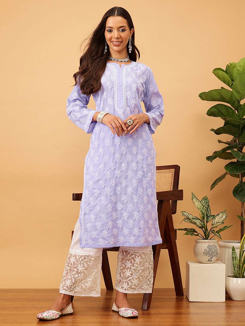 women solid with work long sleeve chikankari straight kurta