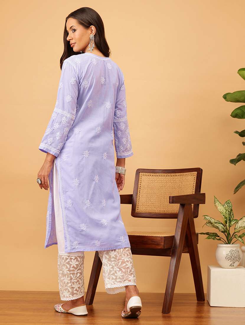 women solid with work long sleeve chikankari straight kurta - 22186317 -  Standard Image - 3