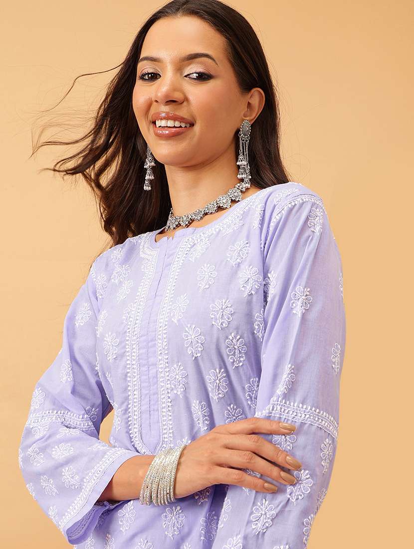 women solid with work long sleeve chikankari straight kurta - 22186317 -  Standard Image - 5