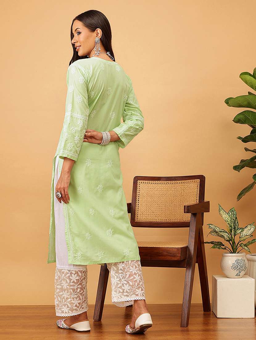 women solid with work long sleeve chikankari straight kurta - 22186318 -  Standard Image - 3